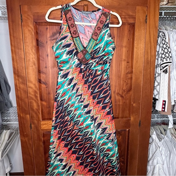 NY Collection Dresses & Skirts - NY Collection Vintage Multicolor Zigzag Beaded Boho Maxi Sleeveless Dress Island
